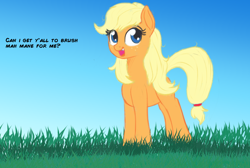 Size: 1348x908 | Tagged: safe, artist:cosmonaut, derpibooru import, applejack, earth pony, pony, bronybait, grass, hatless, looking at you, missing accessory, solo