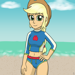 Size: 1280x1280 | Tagged: safe, artist:mkogwheel, applejack, better together, equestria girls, forgotten friendship, beach, belly button, clothes, midriff, solo, swimsuit