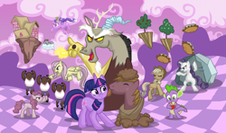 Size: 1000x593 | Tagged: safe, artist:whiteeyedcat, applejack, big macintosh, discord, fluttershy, pinkie pie, rainbow dash, rarity, screwball, spike, tom, twilight sparkle, unicorn twilight, buffalo, draconequus, dragon, earth pony, pegasus, pony, unicorn, the return of harmony, behaving like a dog, big macindog, chaos, discorded, discorded landscape, female, floating island, flutterbitch, male, mane six, mare, pie, purple sky, stallion