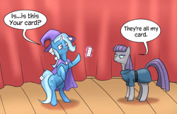 Size: 2179x1400 | Tagged: safe, artist:paleheart-arts, maud pie, trixie, earth pony, pony, unicorn, cape, card, clothes, hat, magic, trixie's cape, trixie's hat