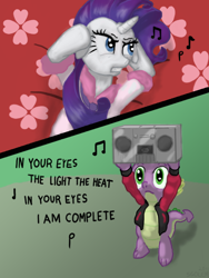 Size: 600x800 | Tagged: safe, artist:sgolem, rarity, spike, dragon, pony, unicorn, boombox, boombox serenade, clothes, crossover, female, hilarious in hindsight, in your eyes, jacket, male, mare, movie reference, parody, peter gabriel, photoshop, say anything, shipping, song reference, sparity, straight