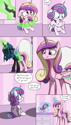 Size: 3000x5300 | Tagged: safe, artist:skitter, princess cadance, princess flurry heart, queen chrysalis, alicorn, changeling, changeling queen, pony, comic:change of heart (skitter), age regression, baby, baby pony, comic, crib, disguise, disguised changeling, fake cadance, female, impostor, levitation, magic, telekinesis, transformation