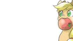 Size: 400x225 | Tagged: safe, artist:hobilo, artist:swan song, applejack, fluttershy, bat pony, earth pony, pony, :<, animated, apple, chewing, comic, cute, eyes closed, female, flapping, flutterbat, food, frown, funny, funny as hell, glare, hello darkness my old friend, jackabetes, japanese, mare, mouth hold, munching, nom, photoshop, pulling, race swap, shyabates, shyabetes, silly, silly pony, simple background, smiling, spread wings, sweat, sweet dreams fuel, that pony sure does love apples, thousand yard stare, tug of war, white background, who's a silly pony, wide eyes