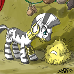 Size: 900x900 | Tagged: safe, artist:johnjoseco, zecora, zebra, evil, evil grin, female, grazing, grin, hay, herbivore, mare, pure unfiltered evil, smiling