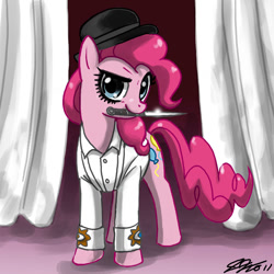 Size: 900x900 | Tagged: safe, artist:johnjoseco, pinkie pie, earth pony, pony, a clockwork orange, clothes, coat, crossover, curtains, female, hat, knife, looking at you, mare, mouth hold, photoshop, solo, stage, stand