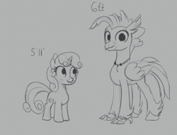 Size: 2100x1600 | Tagged: safe, artist:cosmonaut, derpibooru import, sweetie belle, terramar, classical hippogriff, hippogriff, pony, unicorn, 5'11" vs 6'0", blush sticker, blushing, female, filly, gray background, grayscale, male, monochrome, quadrupedal, simple background, size comparison, size difference