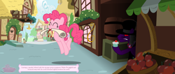 Size: 2356x1000 | Tagged: safe, artist:flamingo1986, doctor whooves, pinkie pie, earth pony, pony, count maleficio, cupcake, female, food, hat, male, mare, mouth hold, scroll, stallion, the ballad of mecha pinkie pie, top hat