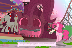 Size: 1500x1000 | Tagged: safe, artist:flamingo1986, pinkie pie, earth pony, pony, amusement park, carousel, female, mare, mouth hold, party research facility, scroll, solo, the ballad of mecha pinkie pie