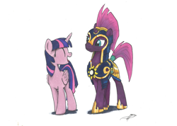 Size: 2111x1500 | Tagged: safe, artist:brisineo, edit, fizzlepop berrytwist, tempest shadow, twilight sparkle, twilight sparkle (alicorn), alicorn, my little pony: the movie, armor, broken horn, duo, eyes closed, female, mare, marker drawing, open mouth, royal guard, royal guard armor, simple background, smiling, tempest becomes a royal guard, traditional art, walking, white background