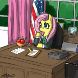 Size: 900x900 | Tagged: safe, artist:johnjoseco, fluttershy, pegasus, pony, american flag, clothes, desk, female, mare, phone, photoshop, president, sitting, solo, united states
