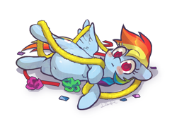 Size: 1616x1154 | Tagged: safe, artist:dawnfire, rainbow dash, pegasus, pony, belly, belly button, blushing, chubby, cute, dashabetes, fat, female, holiday, mare, rainblob dash, silly, silly pony, solo, tangled up, tubby wubby pony waifu, wings