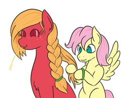 Size: 716x558 | Tagged: safe, artist:jargon scott, big macintosh, butterscotch, fluttershy, macareina, earth pony, pegasus, pony, :t, adorascotch, braid, braiding, butterreina, cheek fluff, chest fluff, cute, eyes closed, eyeshadow, female, fluttermac, freckles, hair styling, macabetes, makeup, male, mare, no pupils, rule 63, rule63betes, shipping, simple background, size difference, smiling, spread wings, stallion, straight, straw, straw in mouth, white background, wings