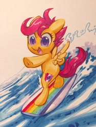 Size: 960x1280 | Tagged: safe, artist:dawnfire, scootaloo, pegasus, pony, bipedal, female, filly, marker drawing, solo, surfboard, surfing, traditional art, underhoof, wave