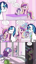 Size: 1456x2572 | Tagged: safe, artist:skitter, edit, princess cadance, princess flurry heart, queen chrysalis, shining armor, alicorn, changeling, changeling queen, pony, unicorn, comic, corn, corndog, dialogue, diaper, fake cadance, female, implied infidelity, magic, male, mare, plot twist, shining armor is a goddamn moron, stallion, the implications are horrible, this will not end well, white diaper