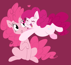 Size: 2190x2000 | Tagged: safe, artist:breezietype, artist:hattsy, pinkie pie, earth pony, pony, :o, duo, eyes closed, glomp, heart, open mouth, pink background, self ponidox, simple background, sitting, smiling