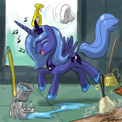 Size: 900x900 | Tagged: safe, artist:johnjoseco, princess luna, alicorn, pony, brush, bucket, cleaning, dancing, eyes closed, female, happy, mare, mop, photoshop, s1 luna, solo, working