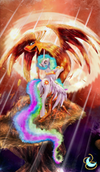 Size: 920x1578 | Tagged: safe, artist:miradge, philomena, princess celestia, alicorn, phoenix, pony, female, mare