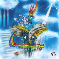 Size: 1024x1024 | Tagged: dead source, safe, artist:miradge, rainbow dash, soarin', spitfire, pegasus, pony, butterfly wings, cloudsdale, female, male, mare, stallion, wings, wonderbolts