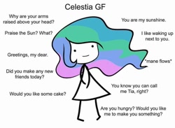 Size: 720x526 | Tagged: safe, princess celestia, human, cake, cakelestia, catasterism, descriptive noise, dialogue, humanized, ideal gf, make some friends, meme, praise the sun, simple background, solo, waifu, white background