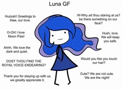 Size: 720x526 | Tagged: safe, princess luna, human, blatant lies, dialogue, humanized, i am the night, i'm not cute, ideal gf, meme, moon pies, simple background, solo, waifu, white background