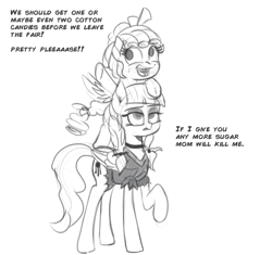 Size: 897x843 | Tagged: safe, artist:cosmonaut, derpibooru import, cozy glow, inky rose, pegasus, pony, clothes, dress, eyeshadow, female, filly, freckles, gray background, grayscale, headcanon, lidded eyes, makeup, mare, monochrome, siblings, simple background, sisters