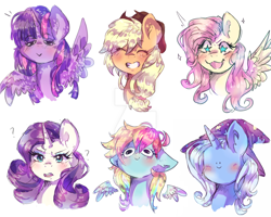 Size: 1024x819 | Tagged: safe, artist:dream--chan, applejack, fluttershy, rainbow dash, rarity, trixie, twilight sparkle, twilight sparkle (alicorn), alicorn, earth pony, pegasus, pony, unicorn, blushing, bust, eyes closed, faic, floppy ears, grin, looking at you, portrait, question mark, sketch, smiley face, smiling, spread wings, starry eyes, wat, wingding eyes, woll smoth
