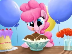 Size: 1024x768 | Tagged: safe, artist:shadeysix, pinkie pie, earth pony, pony, :p, alternate hairstyle, artifact, balloon, cake, candy, cherry, crepuscular rays, eyes on the prize, female, filly, food, ice cream, licking lips, photoshop, smiling, solo, strawberry, tongue out