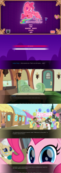 Size: 1429x4035 | Tagged: safe, artist:facelessjr, artist:spookitty, cherry berry, cloud kicker, derpy hooves, ditzy doo, doctor whooves, junebug, lyra heartstrings, mayor mare, pinkie pie, raven, sunshower raindrops, earth pony, pony, close-up, extreme close up, fangame, friendship, friendship express, game, hug, magic, pony tale adventures, train, train station, visual novel, worried