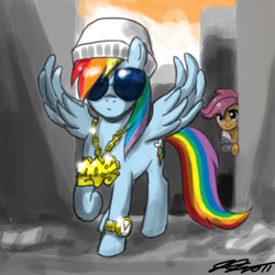 Size: 900x900 | Tagged: safe, artist:johnjoseco, rainbow dash, scootaloo, pegasus, pony, bling, duo, duo female, female, filly, gangsta, gangster, mare, photoshop, sunglasses
