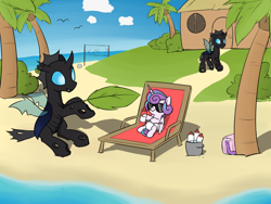 Size: 1600x1200 | Tagged: safe, artist:skitter, princess flurry heart, alicorn, changeling, changeling queen, pony, comic:change of heart (skitter), :t, baby bottle, beach, beach chair, beach volleyball, bucket, changeling queen flurry heart, cute, cuteling, diaper, diaper bag, fanning, female, foal, funny, funny as hell, funny end, good end, ice, island, palm tree, raised hoof, sitting, smiling, sunglasses, tree, volleyball net, walking