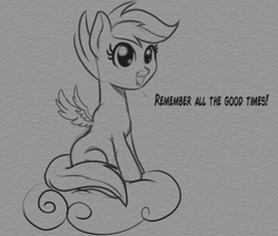 Size: 1134x968 | Tagged: safe, artist:cosmonaut, derpibooru import, scootaloo, pegasus, pony, /mlp/, cloud, cute, dialogue, female, filly, happy, mlpg, monochrome, sitting, sitting on cloud, solo