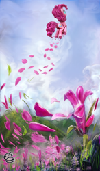 Size: 700x1200 | Tagged: safe, artist:miradge, pinkie pie, earth pony, pony, female, flower, flying, jumping, mare, pronking, smiling, solo, underhoof