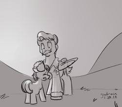 Size: 800x700 | Tagged: safe, artist:goat train, oc, oc only, oc:radar, oc:roulette, pony, fallout equestria, fallout equestria: red 36, comforting, crying, female, filly, goodbye, grayscale, monochrome, sad