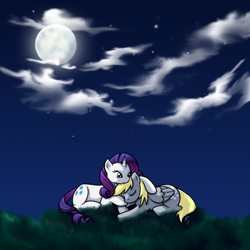 Size: 960x960 | Tagged: dead source, safe, artist:theforbiddensecrets, derpy hooves, rarity, pegasus, pony, unicorn, adobe imageready, derpity, female, lesbian, mare, moon, night, prone, shipping, sleeping