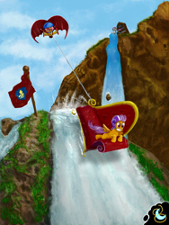 Size: 1500x2000 | Tagged: safe, artist:miradge, apple bloom, scootaloo, sweetie belle, earth pony, pegasus, pony, unicorn, cutie mark crusaders, fainting couch, female, filly, flag, hang gliding, in the distance, scenery, sofa, vertigo, waterfall