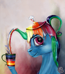 Size: 1100x1250 | Tagged: safe, artist:miradge, rainbow dash, pegasus, pony, abstract background, female, mare, not salmon, solo, surreal, tea, teapot, wat, weird