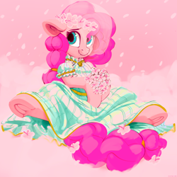 Size: 3000x3000 | Tagged: safe, artist:dimfann, color edit, edit, editor:seiken, pinkie pie, earth pony, pony, beautiful, bouquet, clothes, colored, cute, diapinkes, dress, female, floppy ears, floral head wreath, flower, flower in hair, frog (hoof), hoof hold, looking at you, looking sideways, mare, sitting, smiling, solo, spread legs, spreading, underhoof, wedding dress