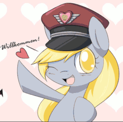 Size: 403x400 | Tagged: safe, artist:aryanne, edit, editor:seiken, derpy hooves, pony, animated, bipedal, blushing, cute, fire, food, hat, heart, heil, muffin, one eye closed, salute, solo, team captain, we are going to heil, welcome, wink
