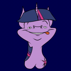 Size: 1000x1000 | Tagged: safe, artist:anontheanon, twilight sparkle, pony, unicorn, :i, animated, blue background, creepy, cutie mark, derp, eye twitch, female, god is dead, grin, licking, licking lips, looking at you, mare, not salmon, plot, simple background, smiling, solo, tongue out, wat