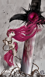 Size: 1000x1700 | Tagged: safe, artist:miradge, roseluck, earth pony, pony, female, mare, solo, sword, thorns, weapon