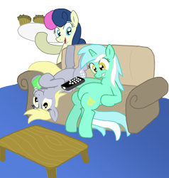 Size: 800x840 | Tagged: dead source, safe, artist:shutterflye, bon bon, derpy hooves, lyra heartstrings, sweetie drops, earth pony, pegasus, pony, unicorn, female, juice box, mare, muffin, remote, sitting, sofa