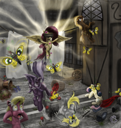 Size: 1994x2100 | Tagged: dead source, safe, artist:miradge, amethyst star, bon bon, coco crusoe, derpy hooves, fluttershy, lily, lily valley, sweetie drops, butterfly, earth pony, pegasus, pony, unicorn, apple, blindfold, female, food, magic, mare, the horror, wat