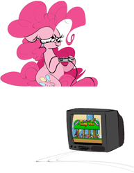Size: 1674x2170 | Tagged: safe, artist:hattsy, pinkie pie, pony, controller, crying, female, hoof hold, mare, simple background, sitting, solo, super mario bros., super mario world, super nintendo, tears of joy, teary eyes, television, white background