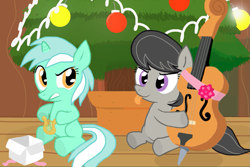 Size: 875x584 | Tagged: safe, artist:shutterflye, lyra heartstrings, octavia melody, earth pony, pony, unicorn, cello, christmas, duo, duo female, female, filly, foal, lyre, musical instrument, sitting, tongue out, younger
