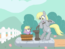 Size: 925x700 | Tagged: safe, artist:shutterflye, derpy hooves, dinky hooves, pegasus, pony, unicorn, adventures in happy, bath, cute, derpabetes, dinkabetes, equestria's best mother, female, fence, filly, mare, mother and child, mother and daughter, parent and child, pump
