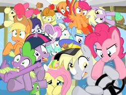 Size: 1035x779 | Tagged: safe, artist:shutterflye, angel bunny, apple bloom, applejack, big macintosh, bon bon, carrot top, derpy hooves, dinky hooves, fluttershy, golden harvest, gummy, lyra heartstrings, pinkie pie, rainbow dash, rarity, scootaloo, spike, sweetie belle, sweetie drops, twilight sparkle, unicorn twilight, dragon, earth pony, pegasus, pony, unicorn, bus, cupcake, cutie mark crusaders, derpy driving, driving, female, filly, jesus take the wheel, male, mane seven, mane six, mare, muffin, stallion, this will end in death, this will end in tears, this will end in tears and/or death, this will not end well