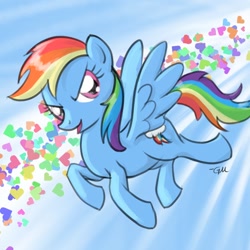 Size: 640x640 | Tagged: safe, artist:giantmosquito, rainbow dash, pegasus, pony, female, flying, heart, mare, solo