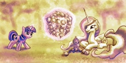 Size: 1200x600 | Tagged: safe, artist:kp-shadowsquirrel, princess celestia, spike, twilight sparkle, unicorn twilight, alicorn, dragon, pony, unicorn, apple, cube, female, filly, filly twilight sparkle, foal, food, fruit, magic, male, mare, prone, sitting, teacher and student, telekinesis, younger