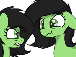 Size: 1600x1200 | Tagged: safe, artist:skitter, oc, oc only, oc:anon filly, earth pony, pony, angry, female, filly, looking at each other, scowl, scrunchy face, simple background, white background