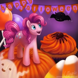 Size: 750x750 | Tagged: dead source, safe, artist:laurenmagpie, pinkie pie, bat, earth pony, ghost, pony, spider, banner, candy, candy corn, cupcake, female, food, halloween, holiday, jack-o-lantern, lollipop, mare, nightmare night, photoshop, pumpkin, smiling, solo